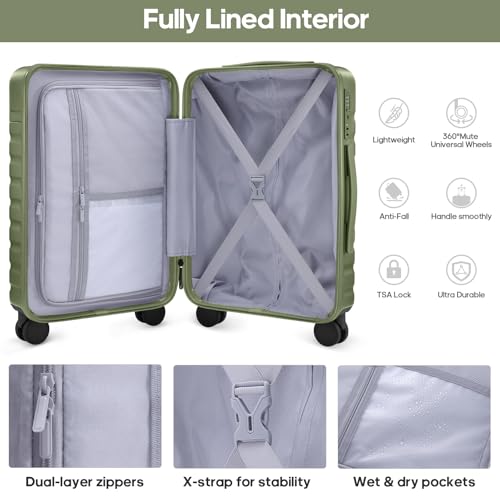 Image of Luggage Sets 3 Piece, Carry On Luggage 20In With Spinner Wheels,PC Hardside Suitcase Set with TSA Lock,Durable Carry On Suitcase With Travel Backpack for Men (Military Green, 3 piece set (BP /20inch))