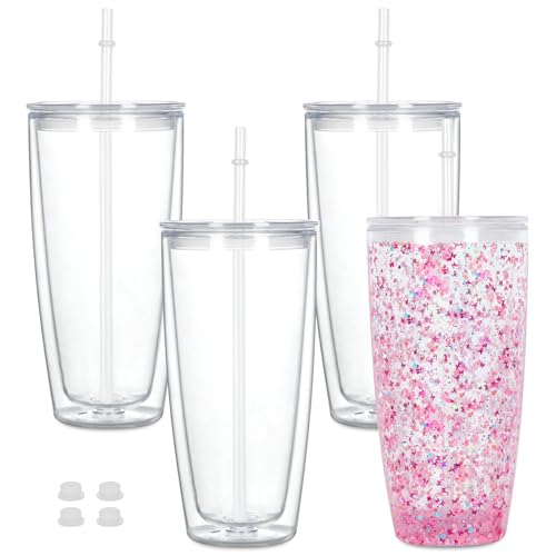 Maucircol 24 Oz Acrylic Snowglobe Tumbler, 4 Pack Pre-Drilled Double Wall Plastic Skinny Snowglobe Cup for Glitter Snow Globe DIY