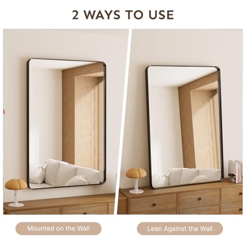 Image of 36 inchx24 inch Bathroom Vanity Mirror for Wall Aluminum Framed Farmhouse Rectangle | Anti-Rust, HD Reflection Anti-Desilvering, Distortion Free, Tempered and Shatter-Proof Wall Mounted Mirror, Black