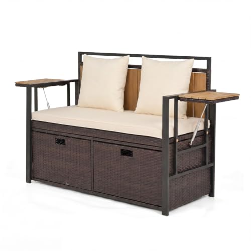 SOARS Divano da Giardino 2 Posti, Panchina da Esterno in Rattan PE con Contenitore, Cuscini Imbottiti e Tavolini Pieghevoli, Salotto da Giardino per Balcone e Terrazza, 120 x 51 x 82 cm (Bianco)