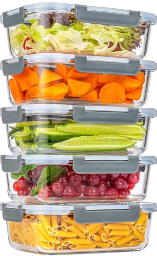 KUMD 10-Piece Set (5-Pack) 1040ml (36oz) Borosilicate Glass Meal Prep Containers with Upgraded Detachable Locking Lids - Rectangular Lunch Boxes, Microwave/Oven/Freezer Safe, Leak Proof