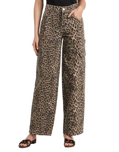 Kedera Womens Leopard Cargo Pants Straight Leg Cheetah Print Jeans Wide Leg Y2K Barrel Baggy Boyfriend Jeans with Pockets