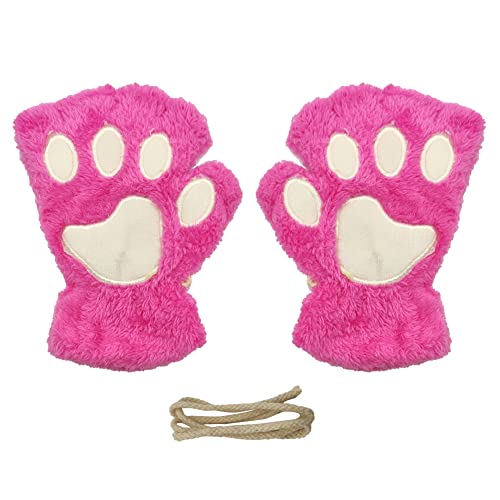 Magik Cat Claw Bear Paw Gloves Women Warm Plush Faux Fur Cosplay Fingerless Mittens (1 Pair, Hot Pink)