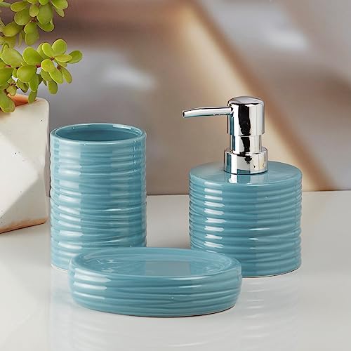 Image of SaSaSa Ceramic Bathroom Set of 3 Modern Bath Accessories Kit with Soap Dispenser, Toothbrush Holder & Dish - Stylish & Elegant Bathroom Decor, Blue (10197)