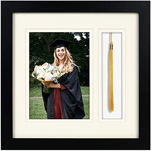 Golden State Art, 10X10 Black Shadow Box Frame - 5X7 Photo - Tassel - Double Mat (Ivory Over Ivory) - Square - Sawtooth Hanger - Wall Mount - Real Glass - Graduation Theme #TOP9