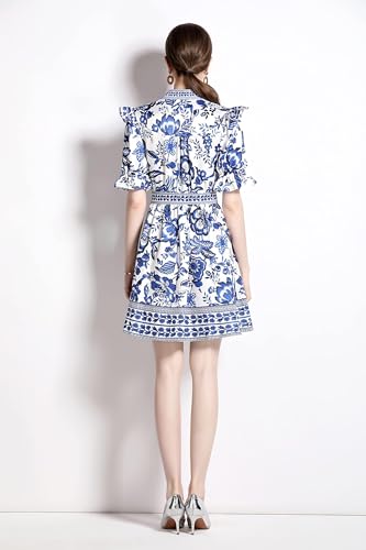 LAI MENG FIVE CATS Women's Button Up Short Puff Sleeve V-Neck Floral Print Split Casual Mini Dress4