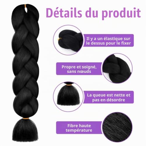 AUYAO Rajout Cheveux Tresse, 3PCS Jumbo Braids Meches, 65cm Extension de Cheveux de Fibre Synthétique pour Crochet Twist Tressage (Noir) – vue 3