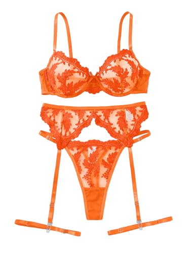 Image of Lilosy Sexy Leaf Floral Embroidered Mesh Sheer Women Underwire Push Up Lingerie Set