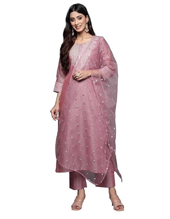 varanga Women Chanderi Silk Mauve Floral Embroidered Regular Kurta with Trousers & With Dupatta Kurta Set-picture-11