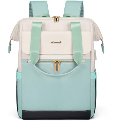 LOVEVOOK Sac à dos pour femme, ordinateur portable, sac d'école, étanche, Beige et vert menthe, 15.6'