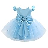 Infant Baby Girls Wedding Flower Girl Dress Ruffle Sleeve Satin Pearls Tulle Tutu Dress Bowknot V Back Pageant Party Birthday Formal Dress Baby Girl Christening Baptism Dresses Blue 12-18 Months