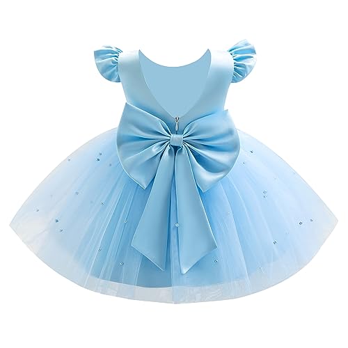 Infant Baby Girls Wedding Flower Girl Dress Pearls Tulle Tutu Dress Bowknot V Back Pageant Party Birthday Formal Dresses