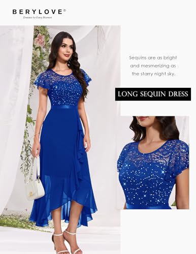 Image of BeryLove Formal Long Dresses for Women Wedding Guest Cocktail Bridesmaid | Airy Lace & Chiffon Evening Gown, Flutter Sleeve, Ideal for Mother of the Bride, Prom, Homecoming Party & Semi-Foraml Events