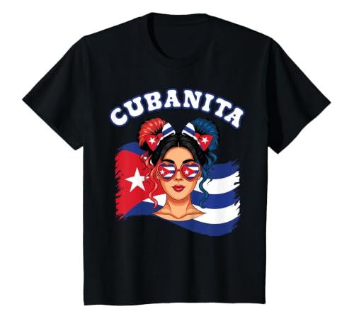 Cubanita Hispanic Heritage Messy Bun Cuban Cuba Flag Girls T-Shirt, Youth, Black, 2T