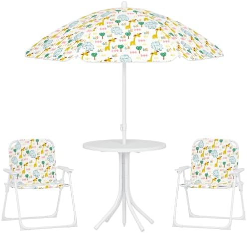 Qaba Kids Picnic Table and Chair Set Outdoor Elephant and Giraffe White