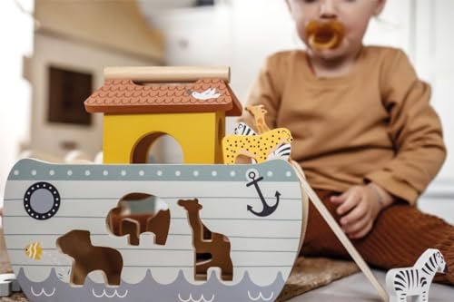 small foot Steckspiel Arche Noah „Safari“, Motorikspielzeug aus Holz mit 15 Tierfiguren, Taufgeschenke für Mädchen und Jungen, für Kinder ab 12 Monaten, 12456