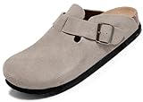 guoluofei Suede Clogs for Womens Leather Mules Cork Footbed Slippers Potato Shoes with Arch Support, Apricot, 6 UK