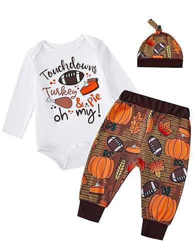 Image of DANBAIEGG Thanksgiving Outfits Unisex Baby My First Thanksgiving Romper A Pair Of Long Pants And A Hat