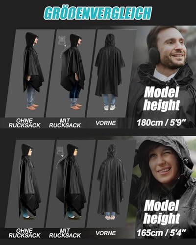 ViKKent Regenjacke Regenponcho, Wasserdichter Regencape mit Kapuze Taschen, Wiederverwendbar, 3 in 1 Multifunktionaler Regencape für Picknick Jagd Camping Wandern