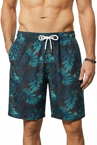 Enlision Swimming Shorts Men Summer Beach Shorts Mens Quick Dry Casual Holiday Swim Trunks Surf Boardshorts Black Leaf Hawaiian Tropical Printed Short Pants with Mesh Lining XL