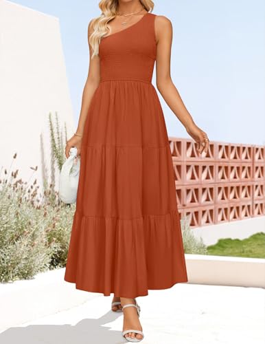 Image of ZESICA Women's 2026 Bohemian Summer Floral Print One Shoulder Sleeveless Smocked Ruffle Tiered Beach Long Midi Dress