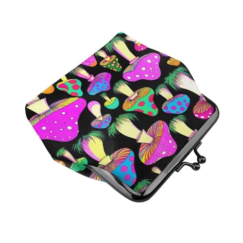 Coin Purse For Women Neon Mushrooms Pattern Purple (1) Faux Leather Coin Purses With Kiss Lock Change And Coin Wallet Double Clasp Closure Mini Purse For Cash, Coin, Key3