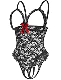 Avidlove One Piece Lingerie Sexy Teddy Ruffle V Neck Bodysuit Lace Nightie Set Black