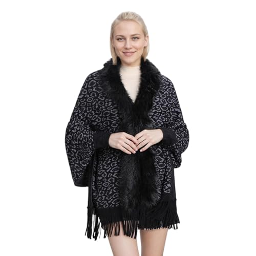 Women Leopard Tassels Faux Fur Shawl Coat Casual Batwing Sleeve Artificial Fur Collar Cloak Outwear for Winter Fall