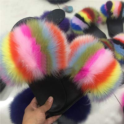 LVCOMEFF Women Multicolored Real Fox Fur Sandals Slides Black Red Color Slippers Summer Fluffy2