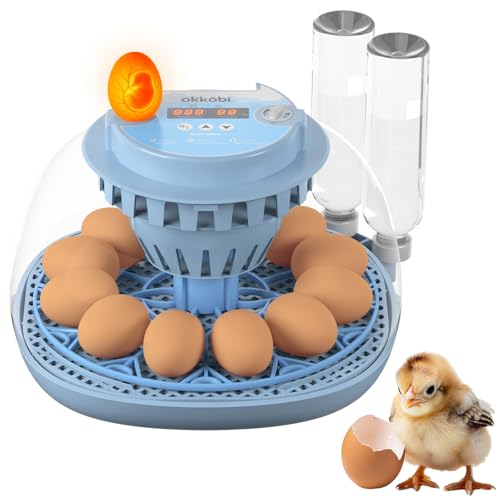 Okköbi 12 Eier Brutautomat Vollautomatisch – Inkubator für Eier mit automatischem Drehen, Feuchtigkeitskontrolle, Eierprüfer, Wasserflaschen, Belüftung, 360° Sicht