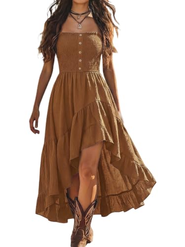 BEAUDRM Women's Western Long Dress Flowy Ruffle Boho Cowgirl Cami Dresses