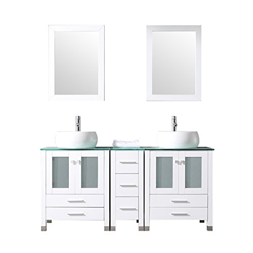Bathjoy 60" White Double Wood Bathroom Vanity Cabinet And Round Ceramic Sink W/Mirror Combo Wash Basin With Faucet #TOP5