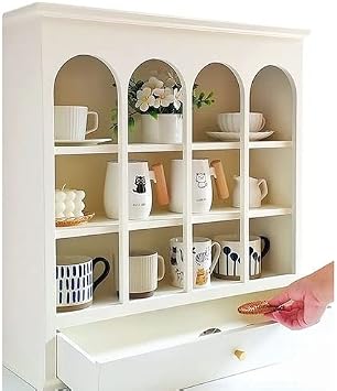 Wooden Coffee Mug Storage Cabinet - Desktop Mug Organizer - Japanese Style Cup Display Shelf - Holds 12 Mugs - Kitchen Cabinets Shelf Color White, Size 58x18x56cm
