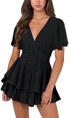 Nova In Sky Trendy Sexy Little Black Dress Womens Summer Dresses Short Sleeve V-Neck Tie Waist Casual Beach Cocktail Dresses Black Short Sleeve L