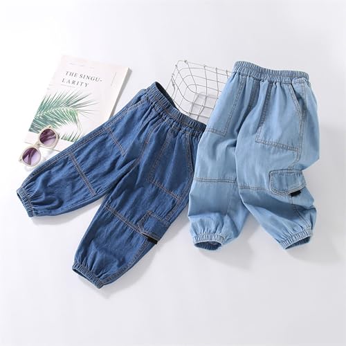Kids Boys Cargo Jeans Pants Trousers Casual Denim Pants Multiple Pockets Elastic Waist Sweatpants with4