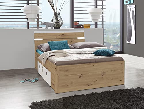 möbelando Bett Einzelbett Jugendbett Bettrahmen Doppelbett Bettgestell Holzbett Isobel I Artisan Eiche/Weiß