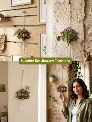 Image of Bombay Greens ; Sow, grow, eat, repeat Hanging Lotus Planter with Wooden Holder & Rope | Test Tube Hanging Planter | Wooden Stand for Home Decor, Living Room, Balcony & Office Decoration