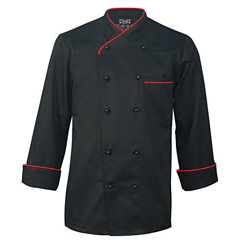 10oz apparel Long Sleeve Black Chef Coat with Red Piping XXL