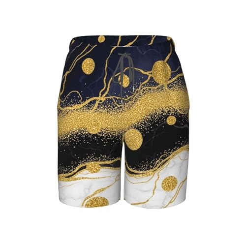 VAFZASC Boys Quick Dry Swimming Trunks Navy Blue Golden Marble, Fashion Board Shorts with Drawstring and Pocket for Surfing, 7-8