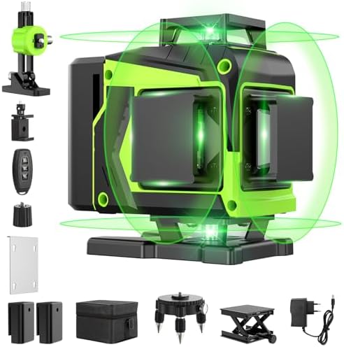 16 Line Laser Level 360 Self Leveling, 4x360°Professional 4D Green Cross Line laser Level with 2 Batteries, Adjustable Brightness & Remote Control, for Tiling Floor Construction and Picture Hanging