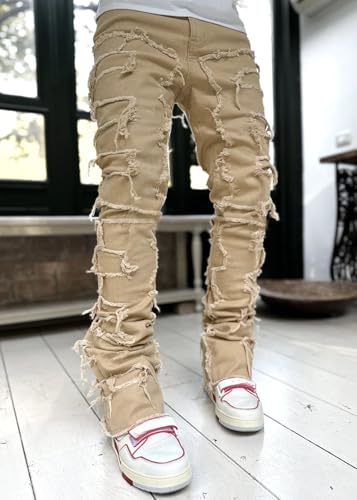 Mens Skinny Jeans Straight Leg Slim Fit Ripped Grunge Punk Rock Frayed Stacked Jeans4