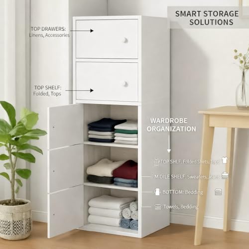 Image of 5-Door Morden Wooden Collapsible Wardrobe for Storage /Space Saving Wooden Wardrobe with Doors /Collpsible Storage Organiser /Living Room -Mapple (White, 5 Layer)