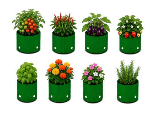 Image of Grow Bags for Terrace Gardening, Premium HDPE Green-Orange Large Planters for Fruit Trees, Vegetables, Flowers & Home Garden Pack of 8(8x8)