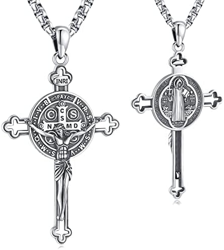 medalla de san benito de plata 925 original St Benedict Medals 925 Sterling Silver Saint Benedict Cross Pendant Necklace crucifix necklace women Medalla De San Benito cruz de catholic cross necklace for men St. Benedict Crucifix Protection Exorcism Holy Amulet St Benedict Medallion Sacramental san benedicto de plata 925 catholic benito charm saint benedict medals for protection amuletos contra la brujeria cadenita con san benito necklaces for women Good Friday