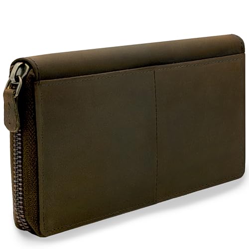 Leder Damen Geldbörse braun mit Reißverschluss von URBAN FOREST, Cntmp Damen Portemonnaie dunkelbraun Damen Börse, Brieftasche lang Echt Leder, Natur-Leder, 19x10x2cm (BxHxT), Farbe:Dunkelbraun. Braun