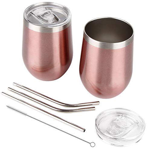 WELTRXE 2 pack Stainless Steel Stemless Wine Tumbler With Spill Proof Lid, 12 oz Double Wall Vacuum Insulated Wine Glass Tumbler for Wine, Coffee, Cocktails, Champagne with 3 Metal Straws - Rose Gold