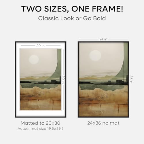 Image of Homeforia 24x36 Black Wood Frame, High End Oak 24x36 Large Wooden Poster Frames with Mat 20x30 inch Photo, 24 x 36 Picture Frame Matted to 20 x 30, 36x24 Thin Frame, Tempered Glass, Wall Kit, Set of 1