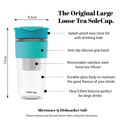 Solecup. Large Travel Mug Loose Tea Infuser - Detachable Tea Strainer With Spill Proof Lid - 18Oz/530Ml Bpa-Free Reusable Glass Travel Coffee Cup With Silicone Band (Blue) #TOP2
