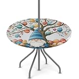 Axurera Mantel redondo para exteriores con agujero para sombrilla y cremallera, mantel ajustable con diseño de gnomo de árbol de huevos de Pascua con elástico, impermeable, se limpia con un paño, se