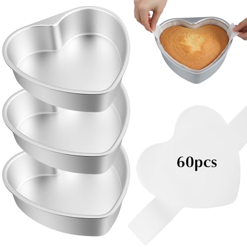 Oqqlin 3 Pcs 8 Inch Heart Shaped Cake Pans Aluminum Alloy Non Stick Hearted Cakes Pan with 60 Pcs Parchment Paper Creative Cake Mold for Birthday Wedding Party